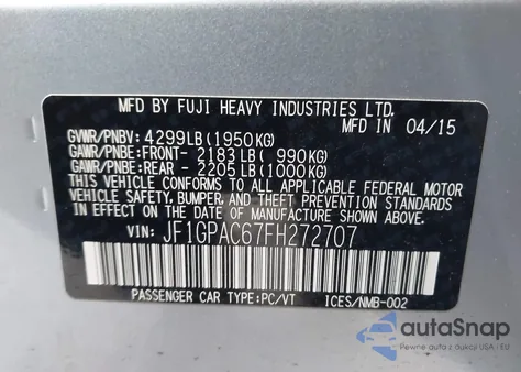 2015 Subaru Impreza 2.0I Premium z USA, uszkodzony, nr VIN JF1GPAC67FH272707